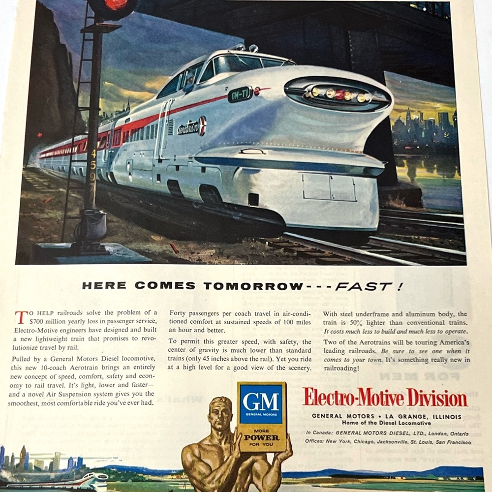 Antique Magazine Page. General Motor’s Aerotrain Advertisement